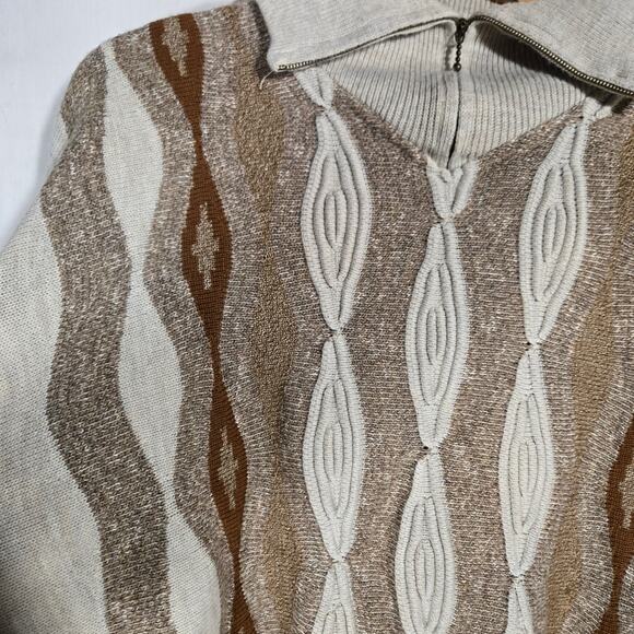 Vtg Bugatchi Wool Blend Geometric Brown Quarter Zip Grandma 70s Funky 3XL - Picture 3 of 9